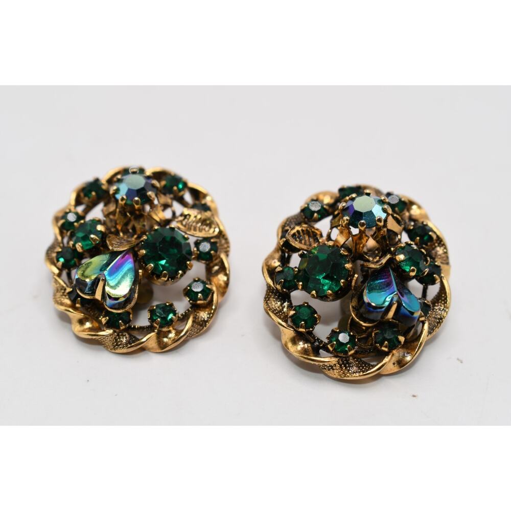 Vintage Austria Signed Green Rhinestone Floral Clip on Earrings